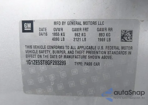 2016 Chevrolet Malibu 1Lt из США, поврежденный, VIN 1G1ZE5ST8GF283289